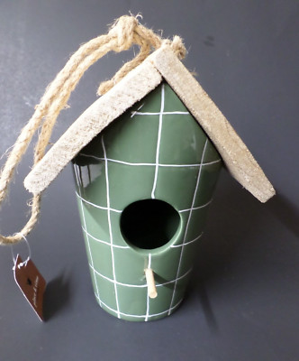 Bird House by Place & Time, Green Ceramic With A Wood Roof, Indoor Or Outdoor 