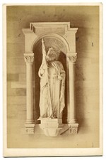 RELIGIOUS STATUE FIGURE HOLDING FLAG, ARCHITECTURE ACCENT. CABINET CARD.