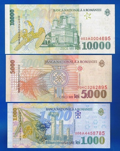 Rumania Rumania - 3 x BILLETES 1000 Lei / 10000 Lei 1998 / 1999 UNC UNZ SET - Imagen 2 de 2