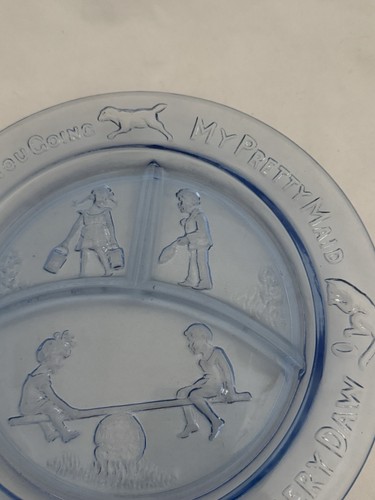 Vintage See-Saw Margery Daw Child's Nursery Rhyme Divided Plate. Baby Blue Glass - Picture 4 of 11