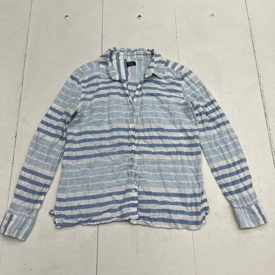 Untuckit Vietti Blue Stripe Linen Button Up Long Sleeve Shirt Women's Size 10