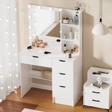 Vanity Desk Set w/ 4 Drawers Large LED Lighted Mirror for Bedroom Makeup Table