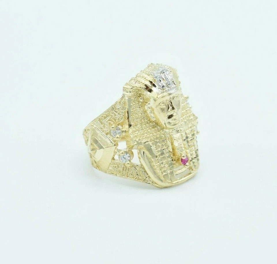 Anillo Faraón Texturizado para Hombre con Circonita cúbica y Rubí Oro Amarillo Blanco 10K Sólido Real Foto 2 de 4
