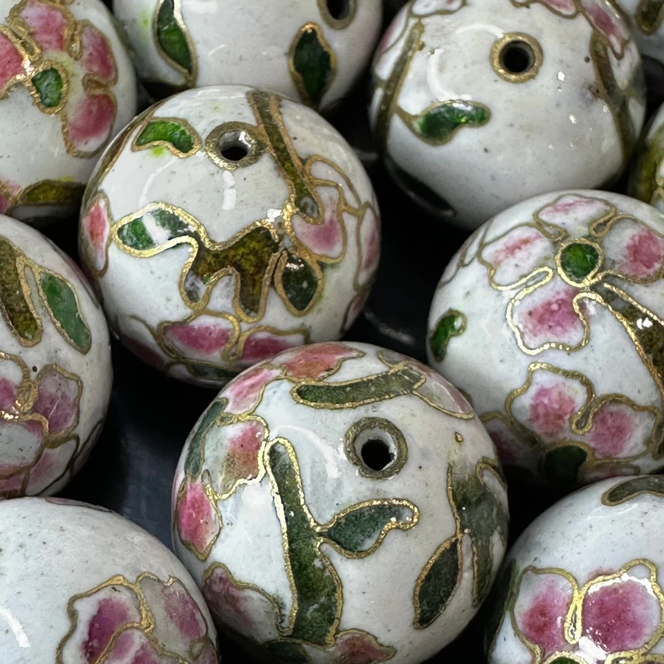 Vintage Chinese Cloisonne Pink & Green Floral Bead 18mm Glass Enamel Jewelry - Image 3 of 4