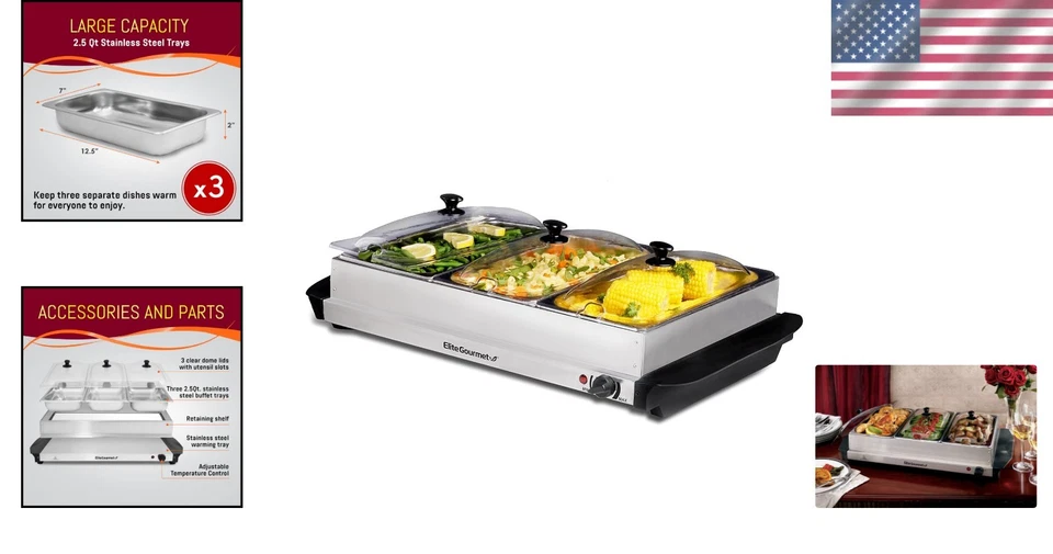 Подогреватель пищи буфет сервер из нержавеющей стали 3 лотка подогреватель пищи вечеринки развлечения - Изображение 2 из 4