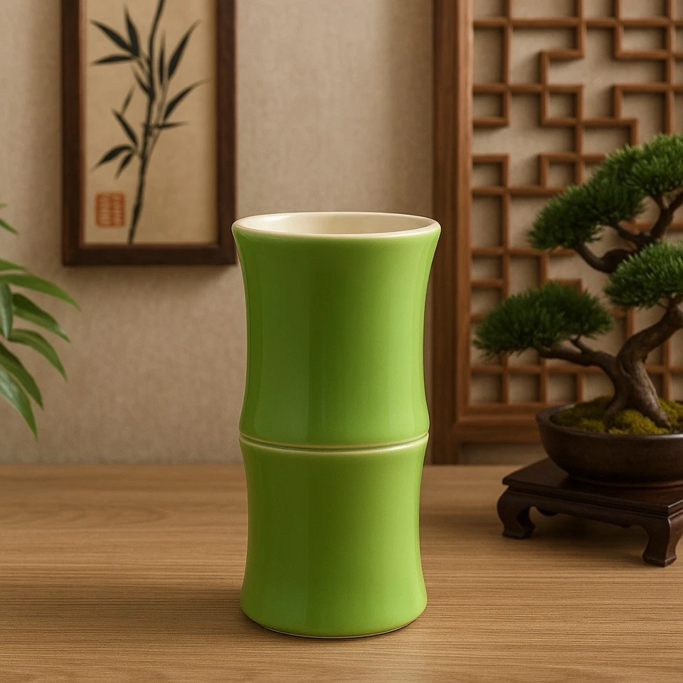 Jarrón estilo bambú cerámica verde vintage 6,25 pulgadas mediados de siglo decoración moderna Foto 2 de 4