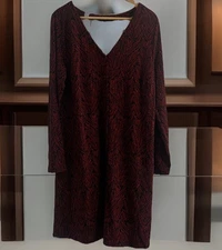 Garnet Hill Red Black Leaf Print Long Sleeve V Neck Button Midi Dress Large NWOT