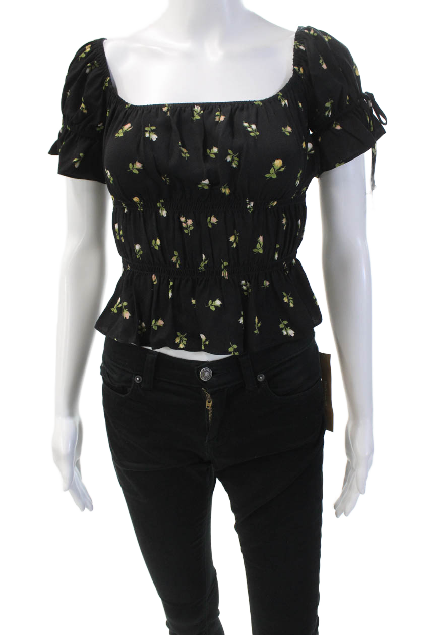 Reformation Black Floral Scoop Neck Cotton Top Size M