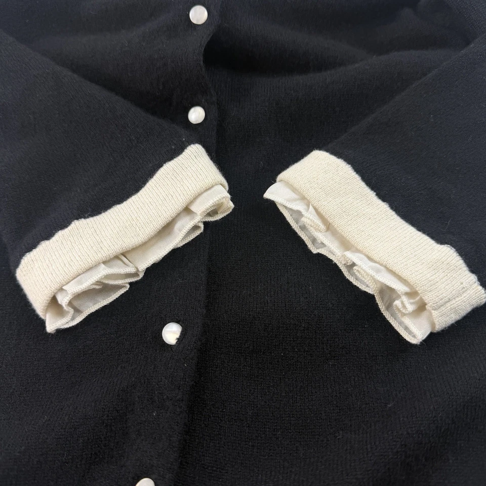 Cárdigan de cachemir Bloomingdale's M negro crema con volantes suéter de colección años 80 Foto 4 de 4