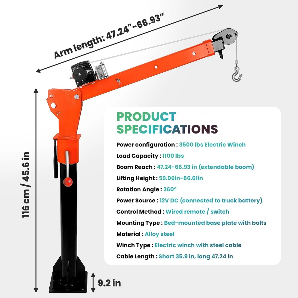 Электрический поворотный кран для пикапа 3500 фунтов 360 12 В подъемник кранов для кузова грузового автомобиля - Изображение 2 из 4