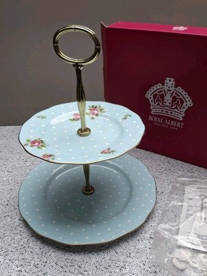 Royal Albert Tortenständer Polka Blau Vintage Rose 2 Etagen