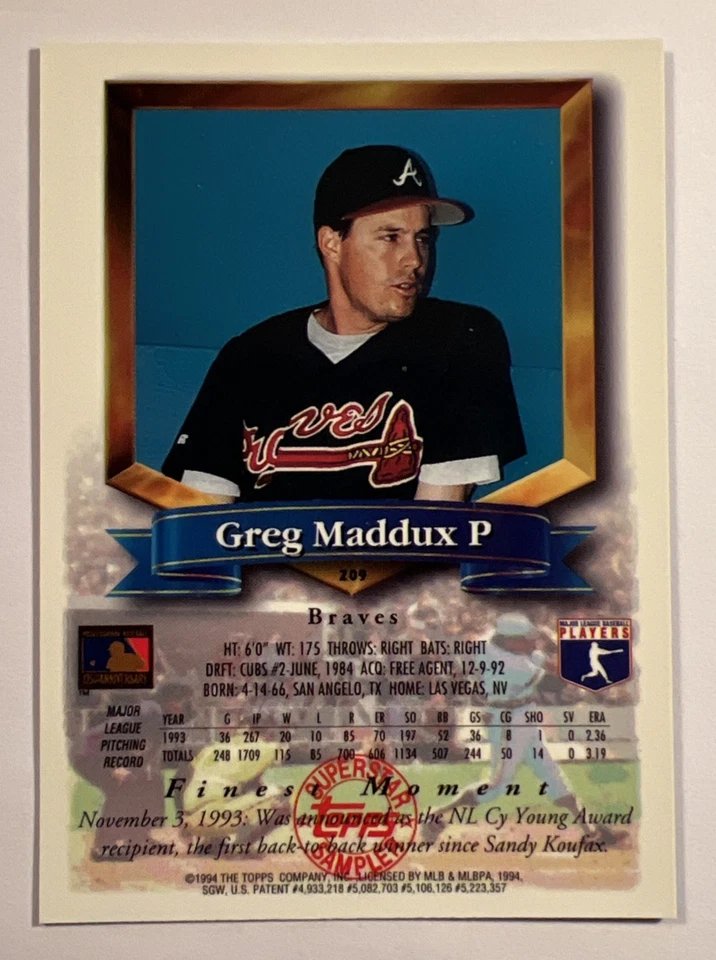 1994 Topps Finest Superstar Sampler (rare) - Greg Maddux #209 HOF NM - Image 2 of 2