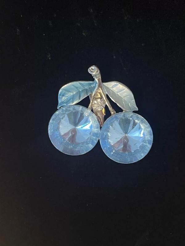 Unique Blue Cherry Pin Brooch Cute Rhinestone Pin Fun Costume Jewelry