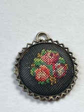 Vintage Small Cross Stitch Victorian Rose Flowers in Zig Zag Silvertone Frame