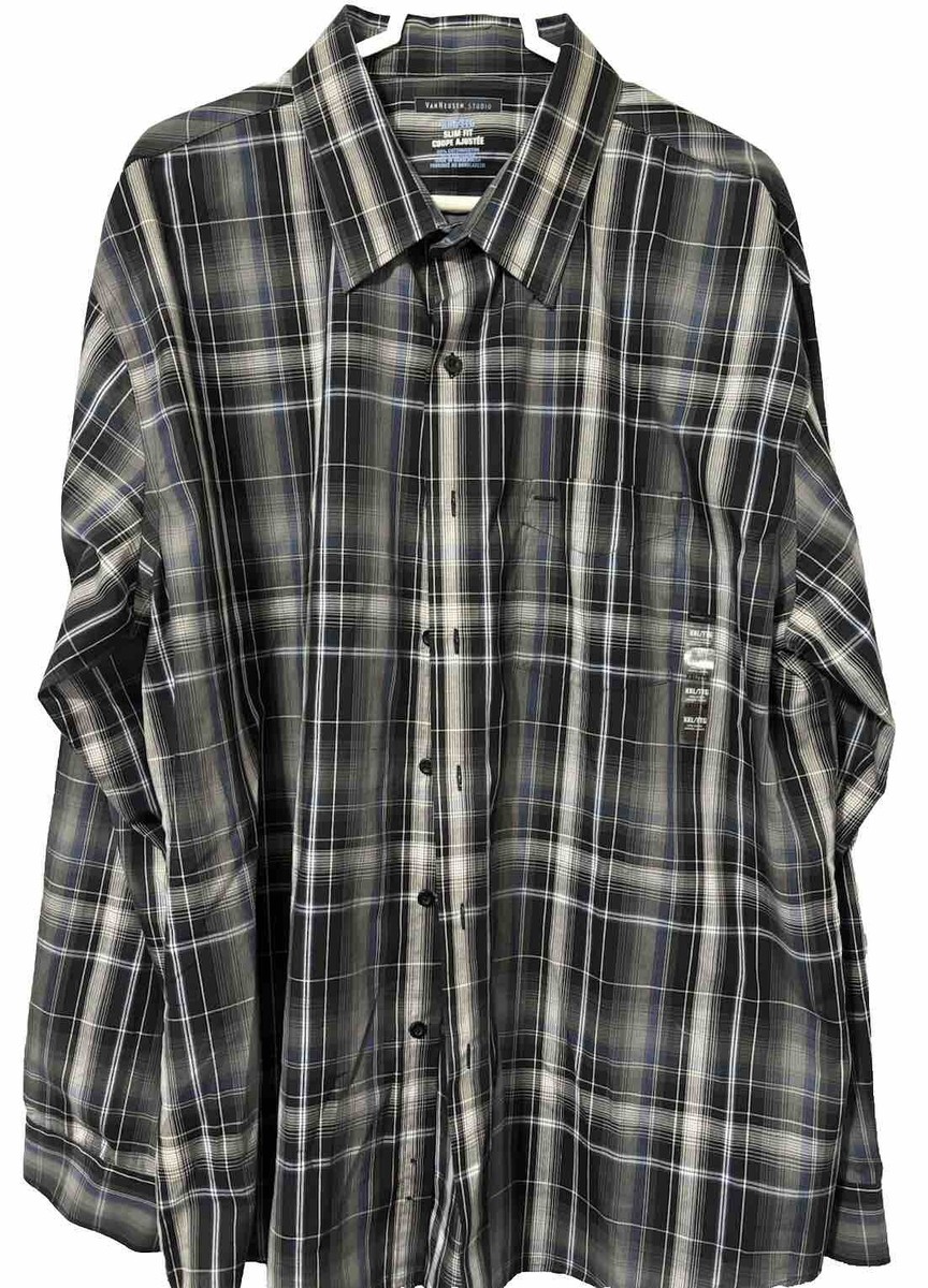 NWT Van Heusen Studio Slim Fit Button Down Dress Shirt Men's 2XL XXL Black  Check