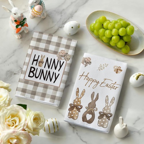 Happy Easter Decoration Bunny Rabbit Eggs Carrots Kitchen Dish Towels 2PCS 18x26 - Picture 10 of 12