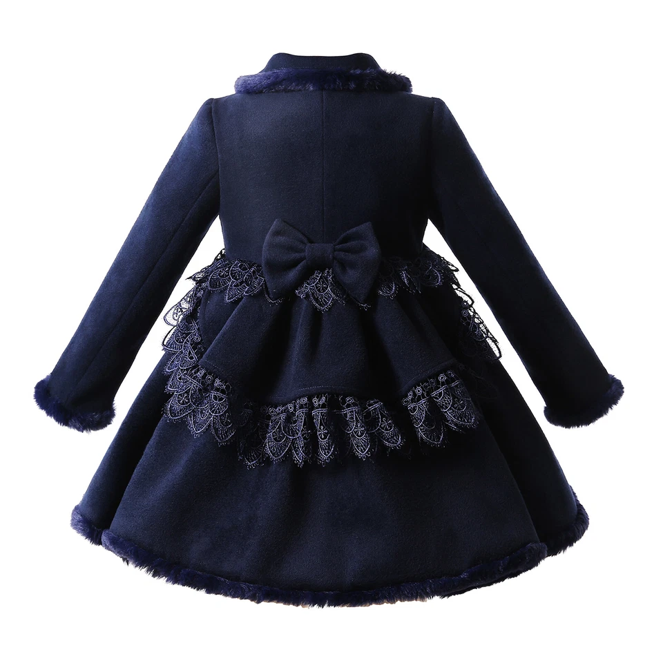 Girls Holiday Christmas Party Dresses Wedding Bow Lace Coats with Gold Button - Image 3 of 4