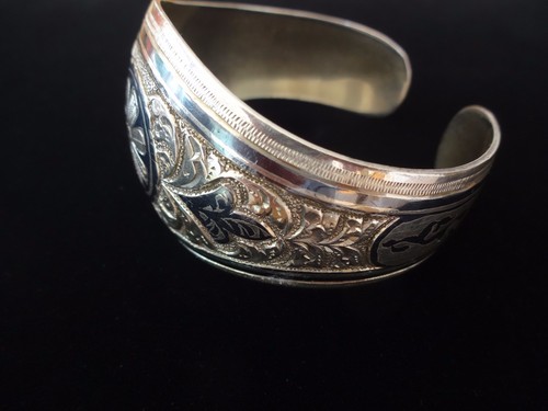 STERLING SILVER .875 BLACK ENAMELED FLORAL CUFF BRACELET 44 grams - Bild 3 von 6