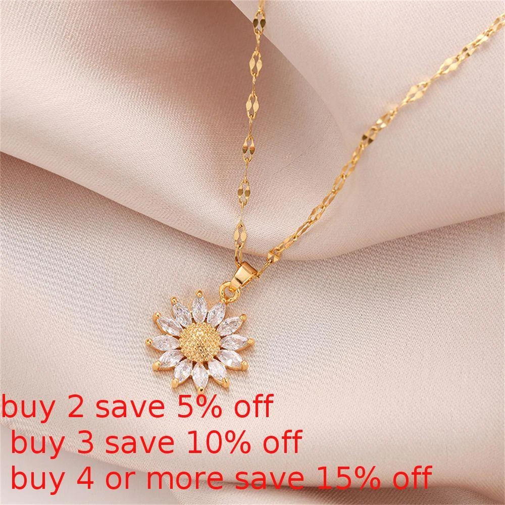 Crystal Boho Jewelry Titanium Steel Sunflower Necklace Pendant