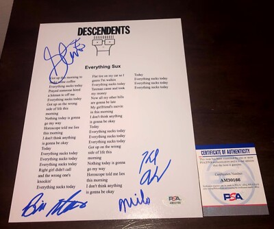 The Descendents Everything Sux Complete Group Signed Autograph Lyric Sheet PSA 2