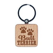 Bull Terrier Dog Paw Prints Fun Text Engraved Wood Square Keychain Tag Charm