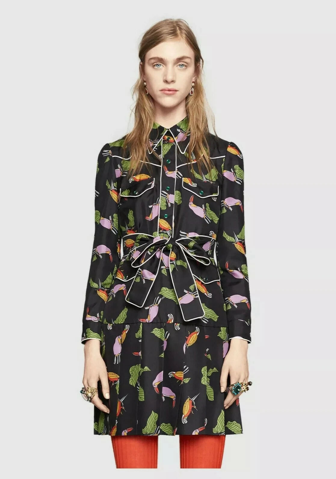 Camicia di seta stampa Gucci ""toucan"" abito nero multi taglia 42 $2800