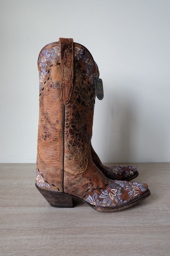 NEW Dan Post 13" DAISY BLUE Snip-Toe Boots Cowboy Rodeo Embroidered Floral Brown - Picture 2 of 6