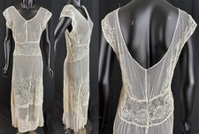 Vintage 1930s Art Deco Cream Soutache Braid Embroidery Net Lace Bias Cut Gown