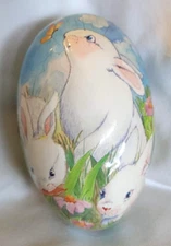 See's Candy Blue White Rabbits Paper Mache Easter Egg 2000