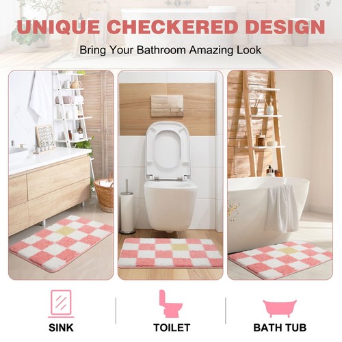 Bathroom Rugs Pink Checkered Bath Mat Extra Soft and Absorbent Microfiber Non... - Picture 7 of 7