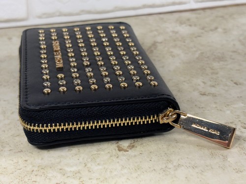 MICHAEL KORS Studded Card Case Zip Black Leather Small Wallet Gold Tone Hardware - Bild 19 von 21