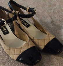CHANEL Beige Black Quilted Leather Block Heel Cap Toe Buckle Strap Women's Pumps