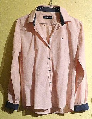 141) great striped pink white gray women's blouse size L by Tommy Hilfiger