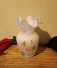 VTG Fenton Glass White Optic Swirl Aqua Crest Ruffle Top Vase Hand Painted Roses
