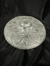 Vintage KIG Clear Glass Covered Candy Dish Bowl Heart Roses Fleur de Lis