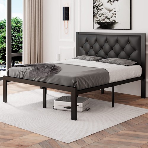 Full Size Metal Bed Frame with Faux Leather Button Tufted Headboard, Heavy-Du... - Picture 2 of 8