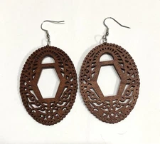 Brown Boho Filigree Wooden Oval Dangle Hoop Earrings Casual Chic - 231