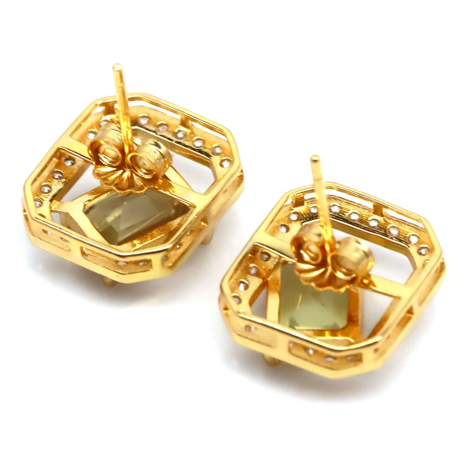 Plata de ley 925 6 x 8 mm. Pendientes de piedra de nacimiento de cuarzo limón y circonita cúbica Foto 3 de 4