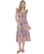 Vince Camuto Womens Multicolor Printed Square-Neck Ruffle-Strap Midi Dress Large