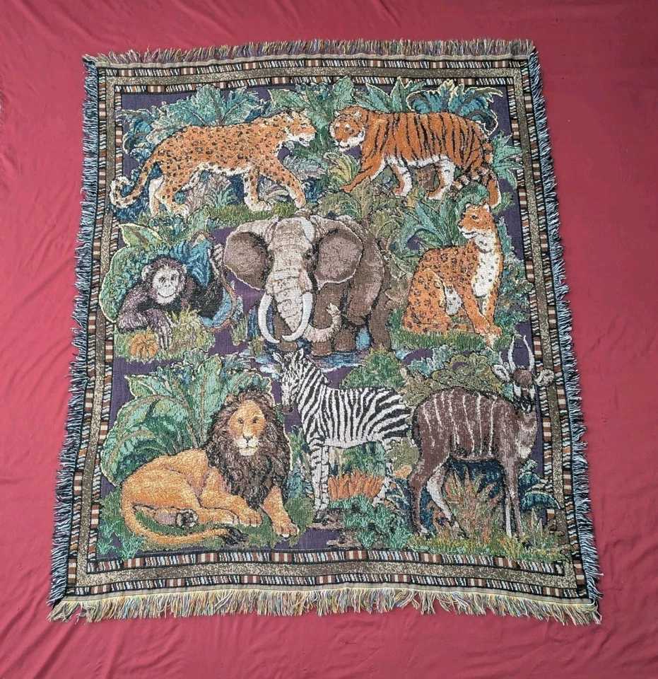 Manta tapiz vintage de animales de la selva raros tejedores americanos hecha en EE. UU. Foto 2 de 4