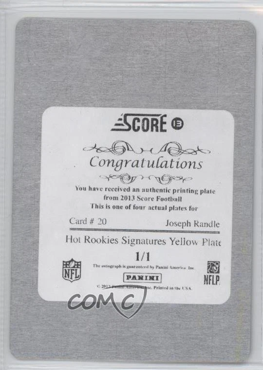 2013 Score Printing Plate Yellow Signatures 1/1 Joseph Randle #20 Auto RC 0o9 - Image 2 of 3