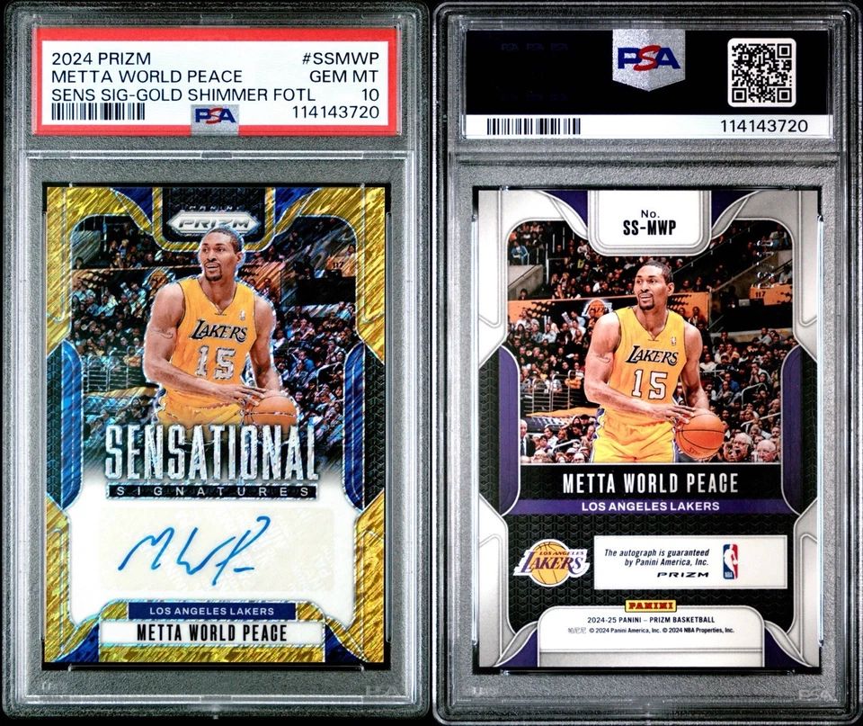 PANINI PRIZM META WORLD PEACE 2024 BRILLO DORADO AUTOMÁTICO/10 PSA 10 POP 1 Lakers Foto 3 de 3