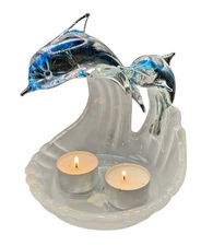 VTG PartyLite Blue Dolphin Jump For Joy Glass Votive Tea Light Holder Retired