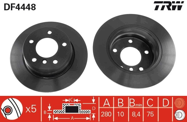 Disque de frein TRW DF4448 plein noir de 280mm pour l'essieu arrière