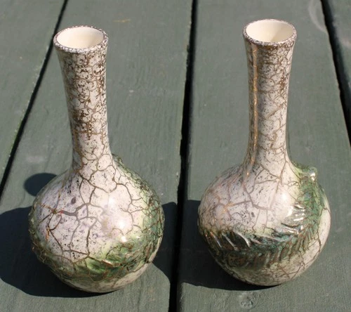Vintage Pair Signed McCoy Art Pottery Grecian Line Bud Vases Gold Detail