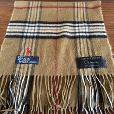 Vintage Polo Ralph Lauren 100 Cashmere Plaid Scarf Tan Tartan Fringe
