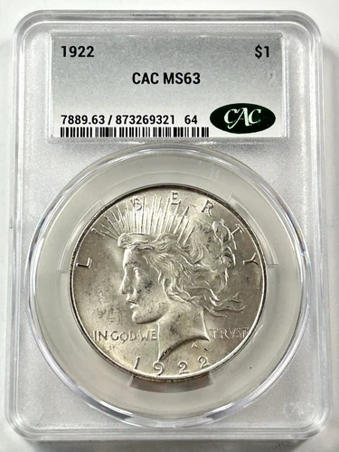 1922-P $1 Peace Dollar CAC MS63 90% Silver Philadelphia US Coin