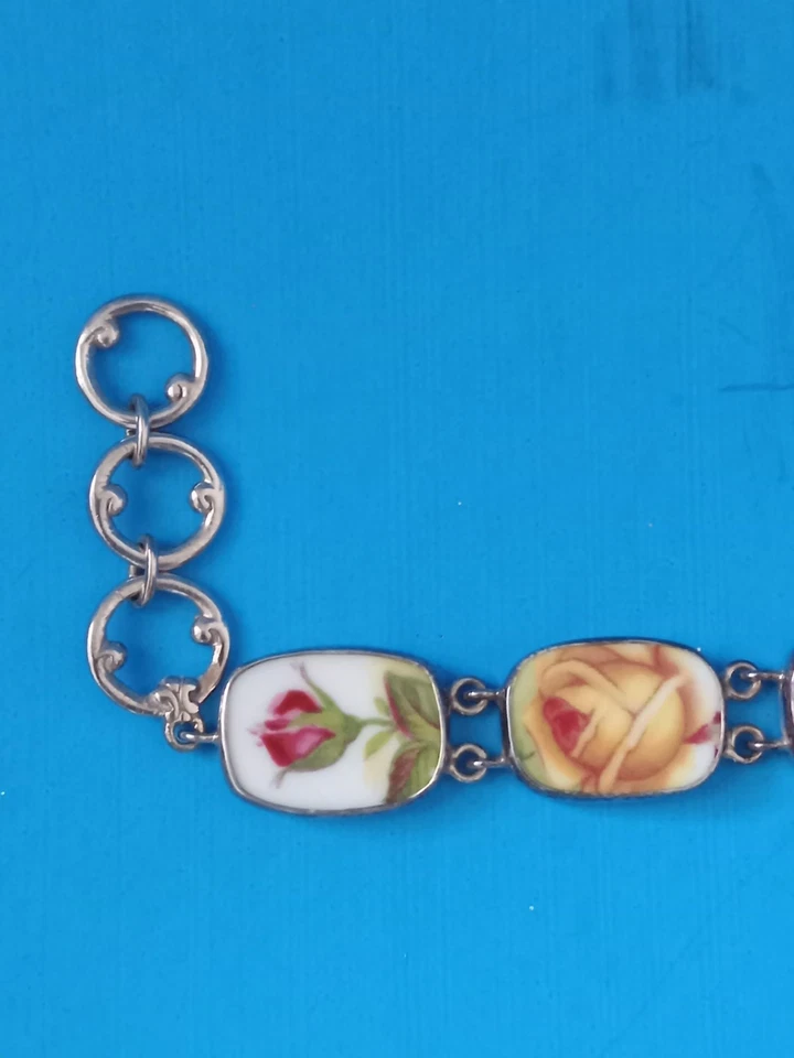 Brazalete de plata esterlina con rosas antiguas de campo de cerámica hecha a mano joyería China rota Foto 3 de 4