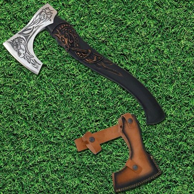 Handmade Viking Axe Hatchet 12Cr Steel Engraved Blade Leather Sheath Wood Handle