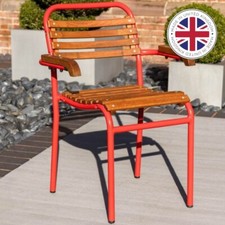 RED OUTDOOR STACKING CHAIR WITH ARMS METAL FRAME WOODEN SLATTED CHAIR